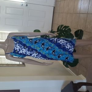 NWT Island Expressions L Hawaiian & dolphin spaghetti strap sundress